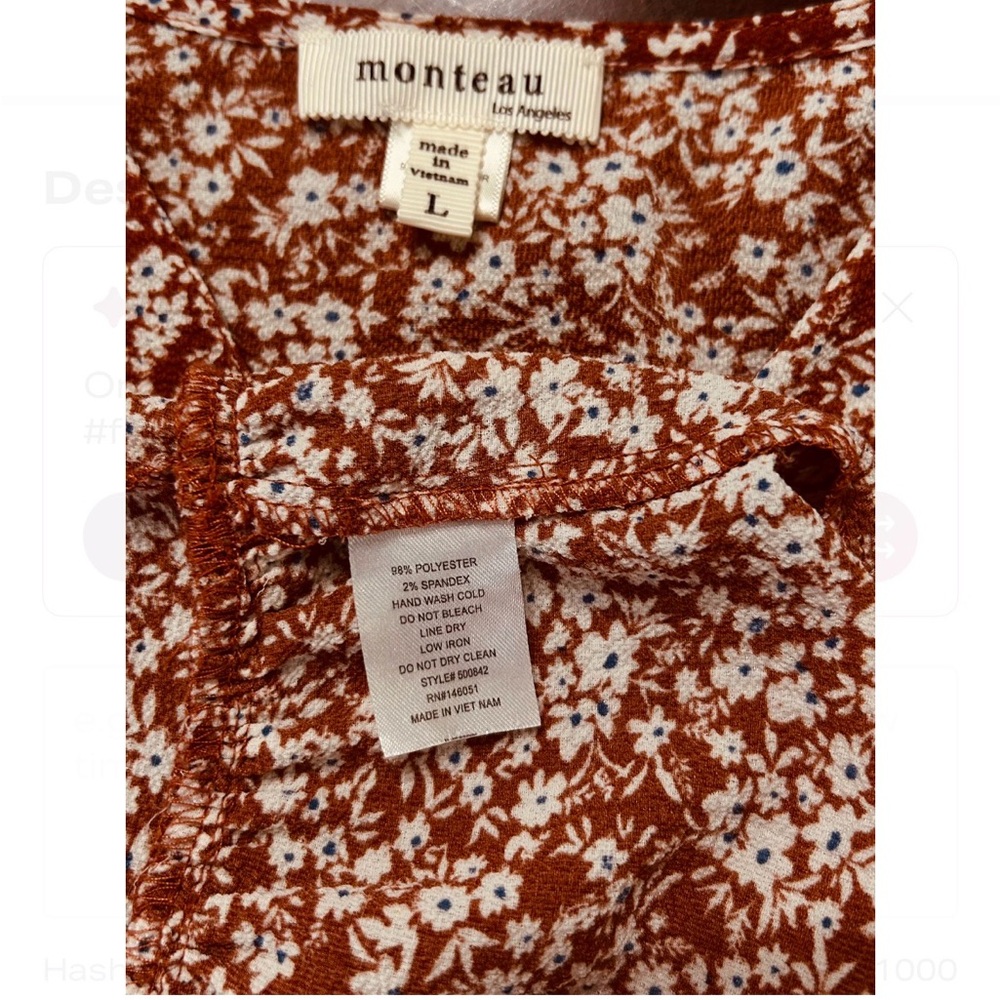 MONTEAU Brown & White Floral Midi Dress L, Short Sleeves V Neck Tiered Skirt - Picture 5 of 7